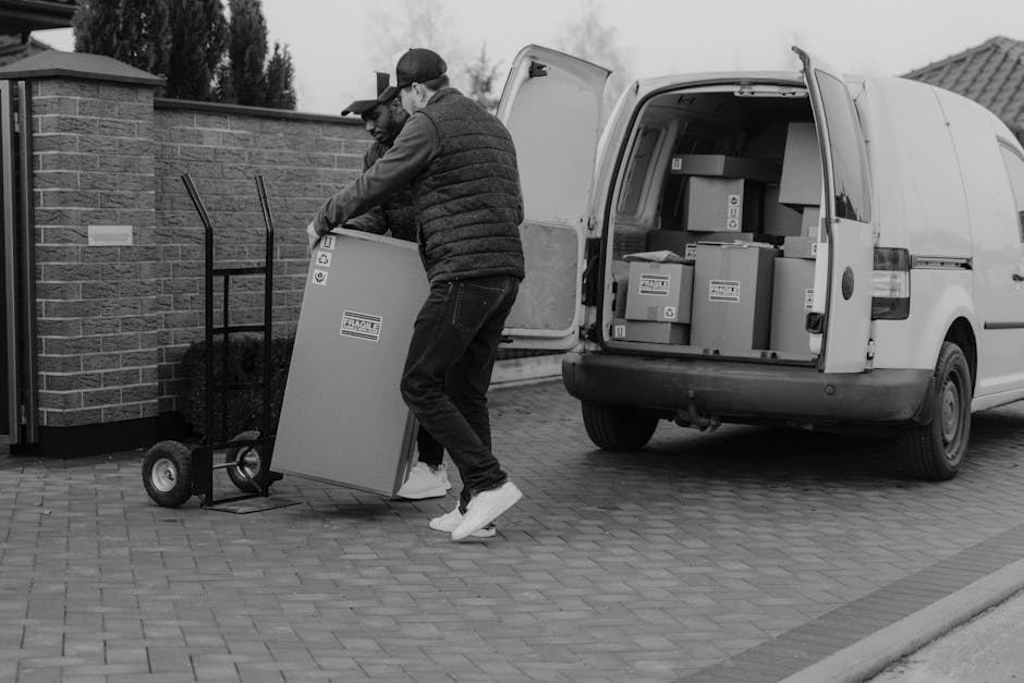 A man inside a moving van, seen through its open rear doors, loads a cardboard box while surrounded by several other cardboard boxes and flat-pack furniture pieces, some wrapped in plastic for protect